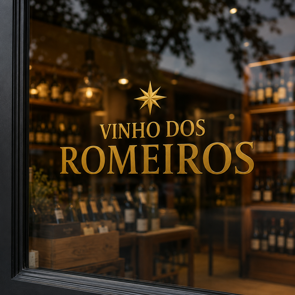 Vitrine da loja Vinho dos Romeiros com o logotipo dourado gravado no vidro